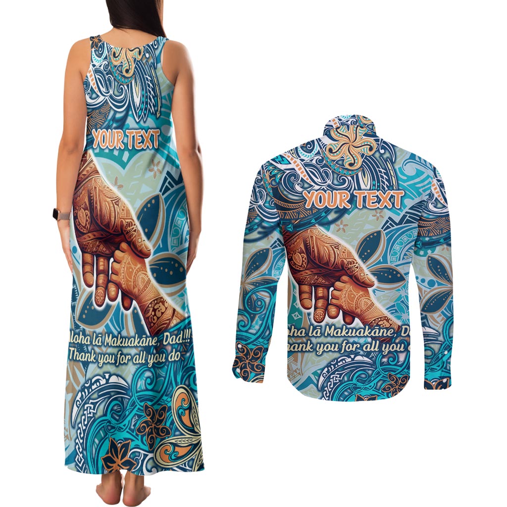 Hand In Hand Father's Day Polynesian Couples Matching Tank Maxi Dress and Long Sleeve Button Shirt Tribal Flower Pattern