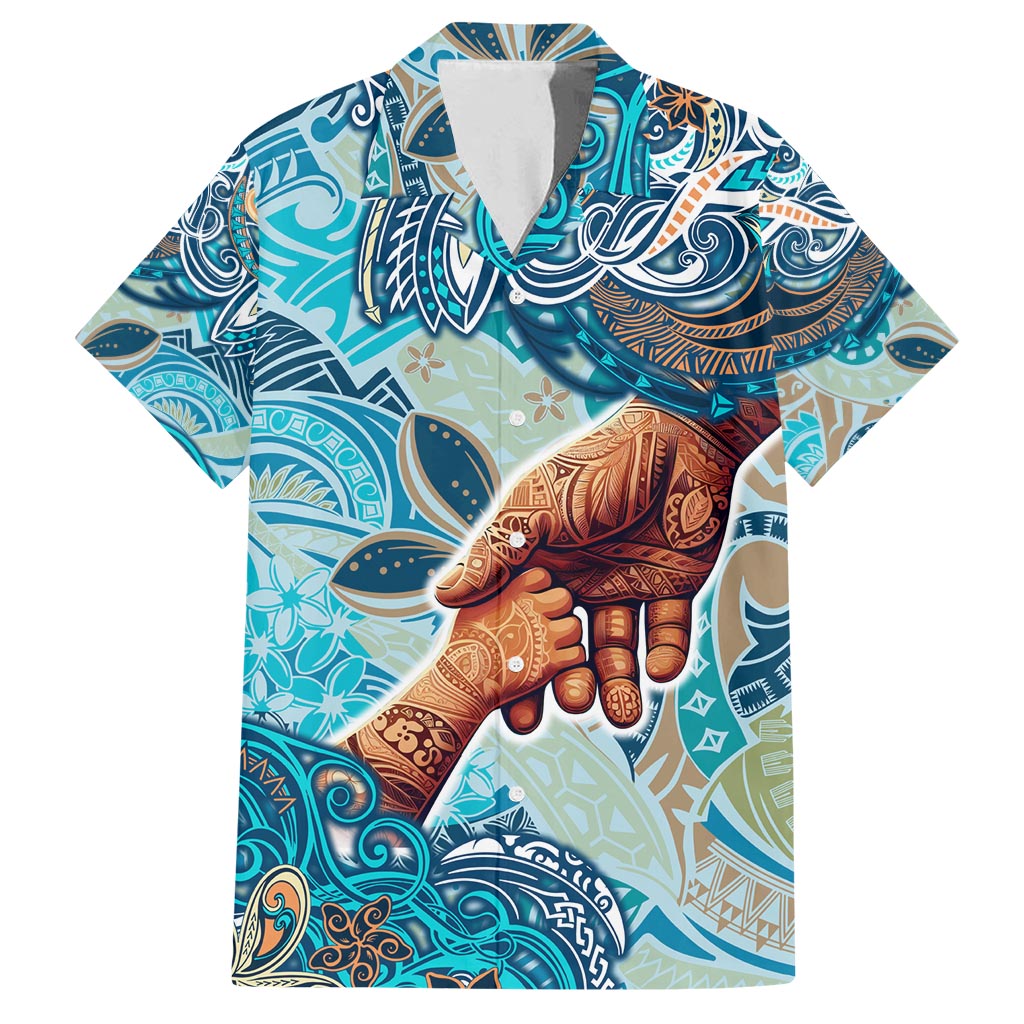 Hand In Hand Father's Day Polynesian Family Matching Long Sleeve Bodycon Dress and Hawaiian Shirt Tribal Flower Pattern DT02 Dad's Shirt - Short Sleeve Blue - Polynesian Pride