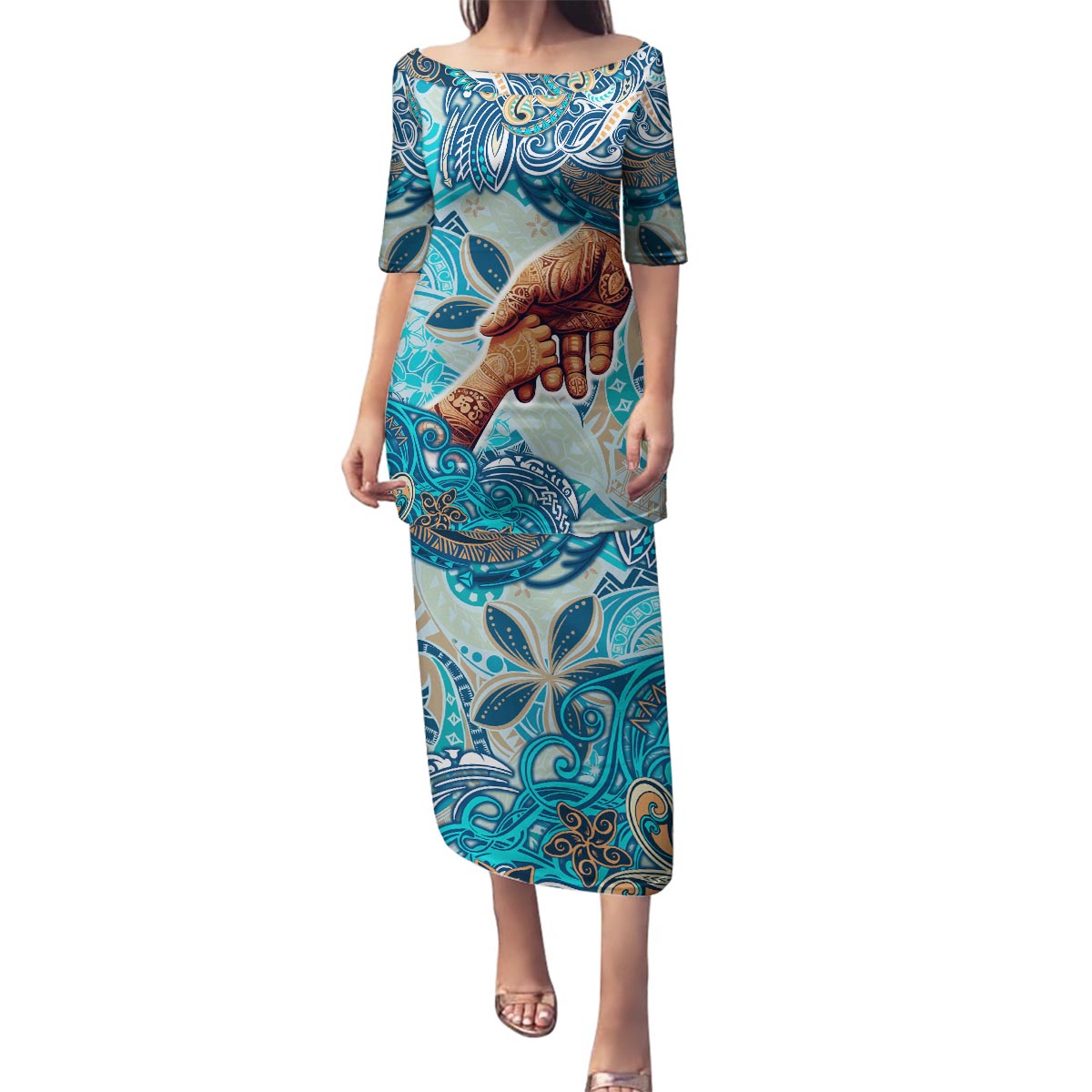 Hand In Hand Father's Day Polynesian Family Matching Puletasi and Hawaiian Shirt Tribal Flower Pattern