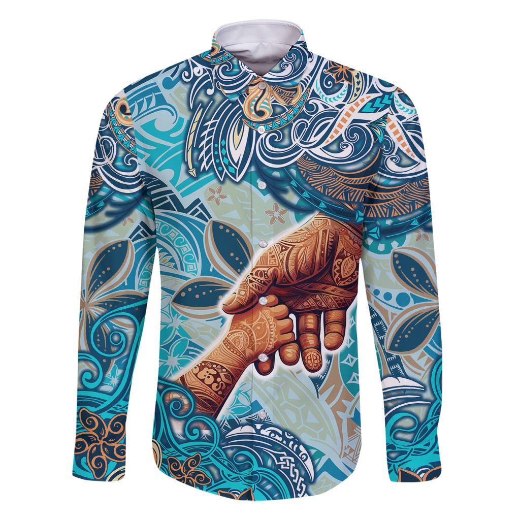 Hand In Hand Father's Day Polynesian Family Matching Summer Maxi Dress and Hawaiian Shirt Tribal Flower Pattern DT02 Dad's Shirt - Long Sleeve Blue - Polynesian Pride