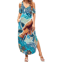 Hand In Hand Father's Day Polynesian Family Matching Summer Maxi Dress and Hawaiian Shirt Tribal Flower Pattern DT02 Mom's Dress Blue - Polynesian Pride