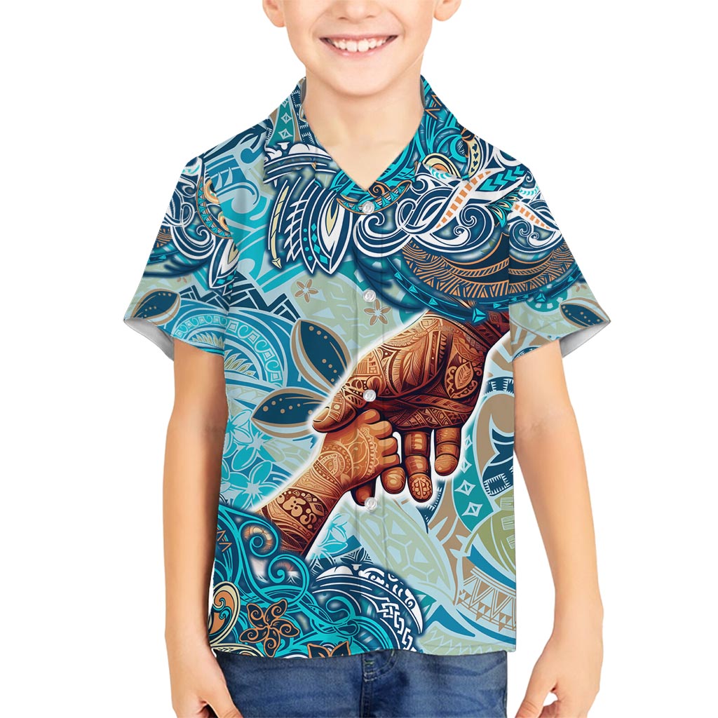Hand In Hand Father's Day Polynesian Family Matching Summer Maxi Dress and Hawaiian Shirt Tribal Flower Pattern DT02 Son's Shirt Blue - Polynesian Pride