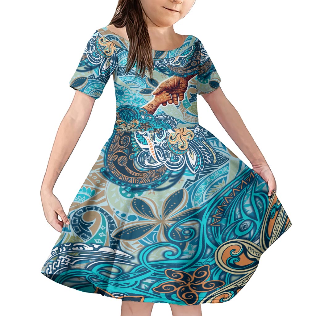 Hand In Hand Father's Day Polynesian Family Matching Tank Maxi Dress and Hawaiian Shirt Tribal Flower Pattern DT02 Daughter's Dress Blue - Polynesian Pride