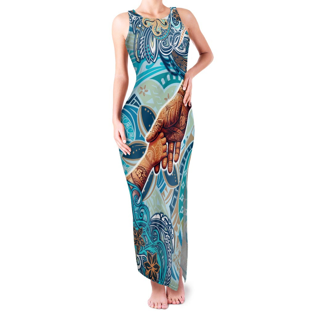 Hand In Hand Father's Day Polynesian Family Matching Tank Maxi Dress and Hawaiian Shirt Tribal Flower Pattern DT02 Mom's Dress Blue - Polynesian Pride
