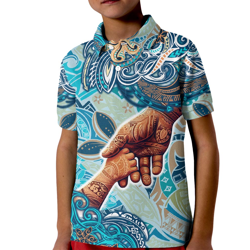 Hand In Hand Father's Day Polynesian Kid Polo Shirt Tribal Flower Pattern