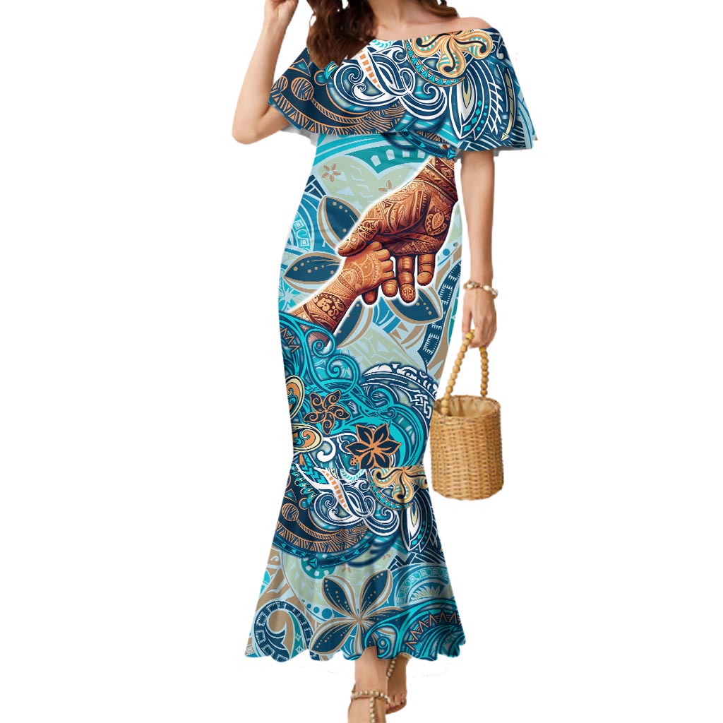 Hand In Hand Father's Day Polynesian Mermaid Dress Tribal Flower Pattern