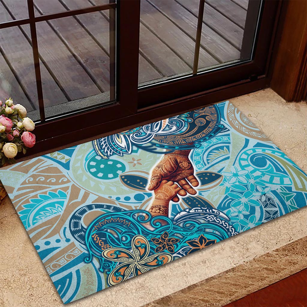 Hand In Hand Father's Day Polynesian Rubber Doormat Tribal Flower Pattern