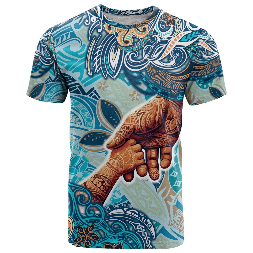 Hand In Hand Father's Day Polynesian T Shirt Tribal Flower Pattern DT02 Blue - Polynesian Pride