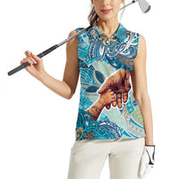 Hand In Hand Father's Day Polynesian Women Sleeveless Polo Shirt Tribal Flower Pattern