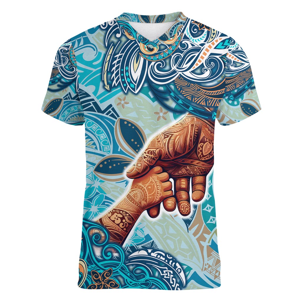 Hand In Hand Father's Day Polynesian Women V-Neck T-Shirt Tribal Flower Pattern DT02 Female Blue - Polynesian Pride