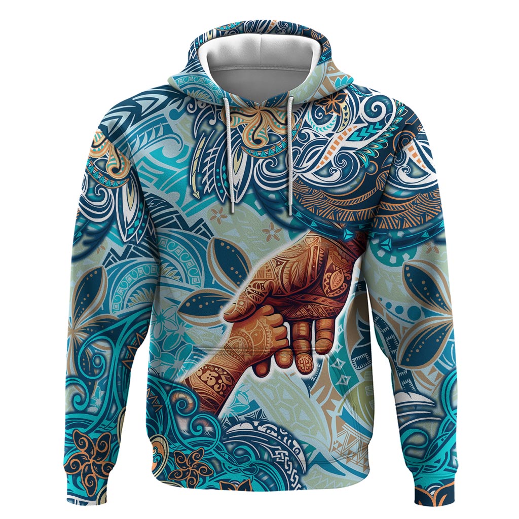 Hand In Hand Father's Day Polynesian Zip Hoodie Tribal Flower Pattern DT02 Pullover Hoodie Blue - Polynesian Pride