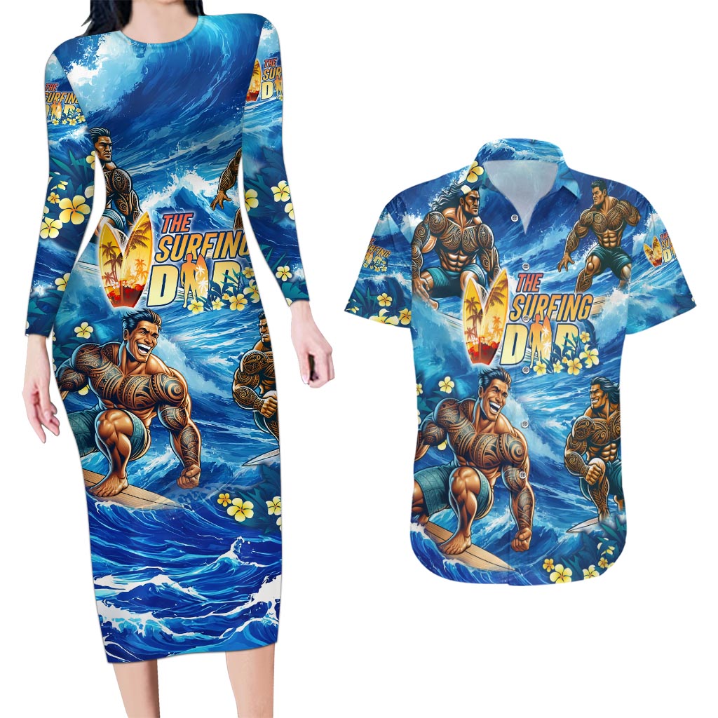 Hawaii Father's Day Couples Matching Long Sleeve Bodycon Dress and Hawaiian Shirt The Surfing Dad Polynesian Tattoo