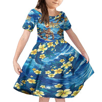 Hawaii Father's Day Family Matching Long Sleeve Bodycon Dress and Hawaiian Shirt The Surfing Dad Polynesian Tattoo DT02 Daughter's Dress Blue - Polynesian Pride