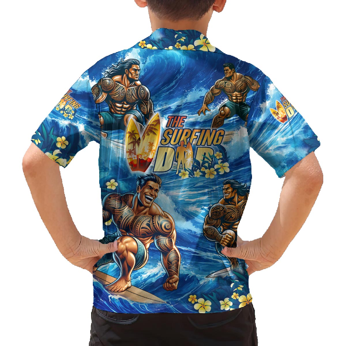 Hawaii Father's Day Family Matching Off The Shoulder Long Sleeve Dress and Hawaiian Shirt The Surfing Dad Polynesian Tattoo DT02 - Polynesian Pride