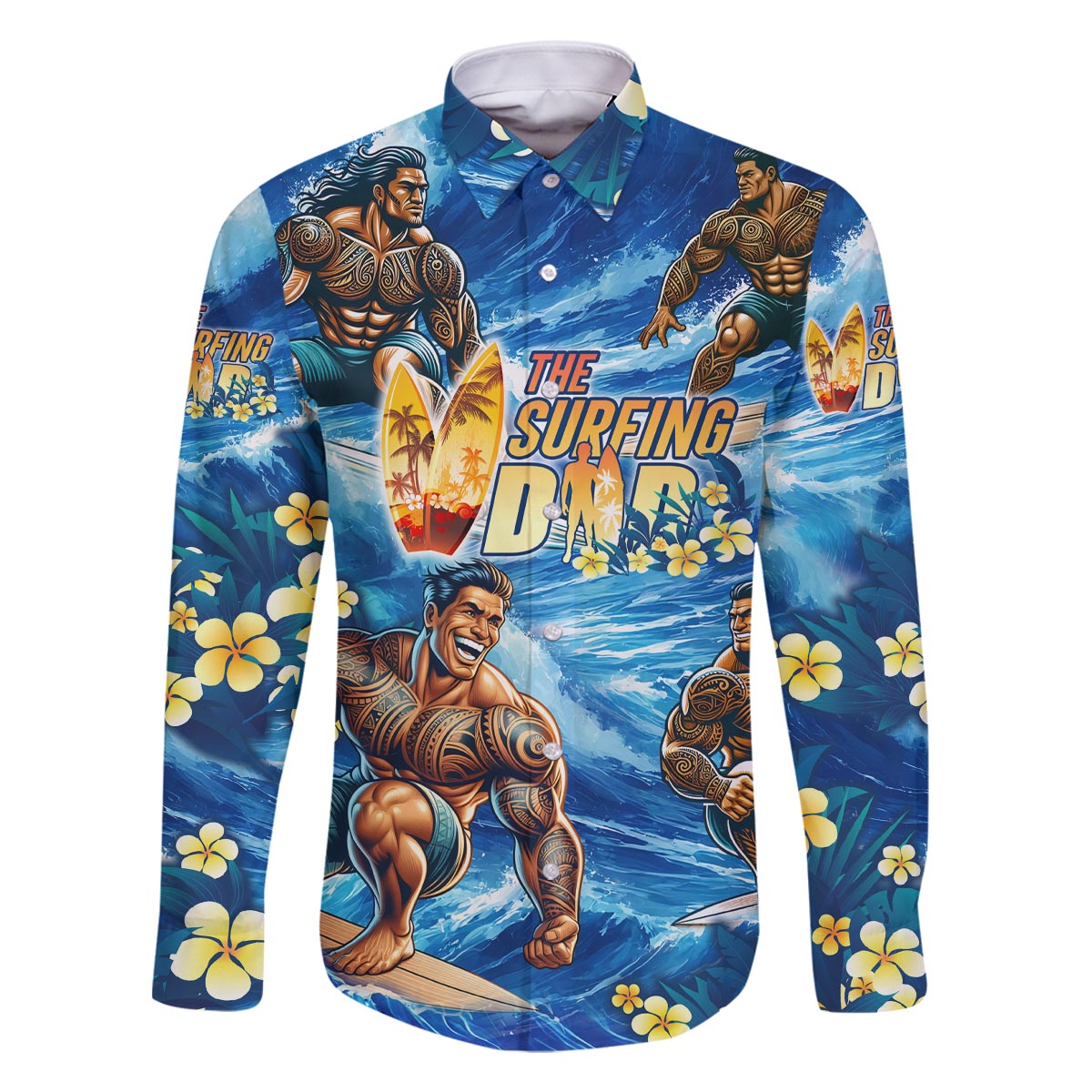 Hawaii Father's Day Family Matching Off The Shoulder Long Sleeve Dress and Hawaiian Shirt The Surfing Dad Polynesian Tattoo DT02 Dad's Shirt - Long Sleeve Blue - Polynesian Pride