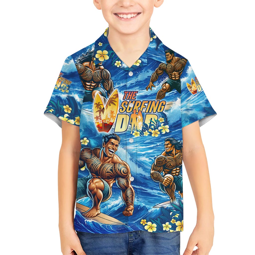 Hawaii Father's Day Family Matching Off Shoulder Short Dress and Hawaiian Shirt The Surfing Dad Polynesian Tattoo DT02 Son's Shirt Blue - Polynesian Pride