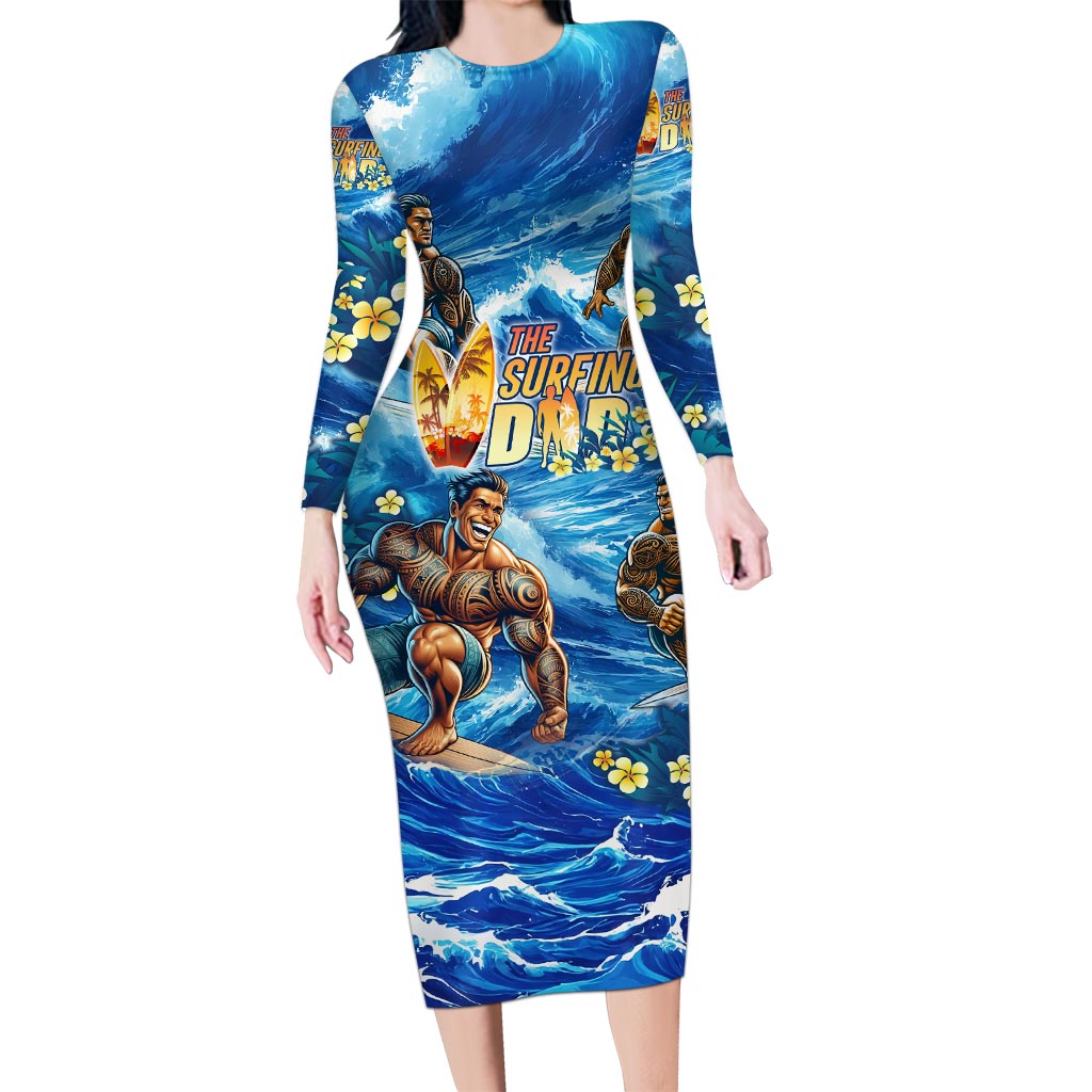 Hawaii Father's Day Long Sleeve Bodycon Dress The Surfing Dad Polynesian Tattoo DT02 Long Dress Blue - Polynesian Pride