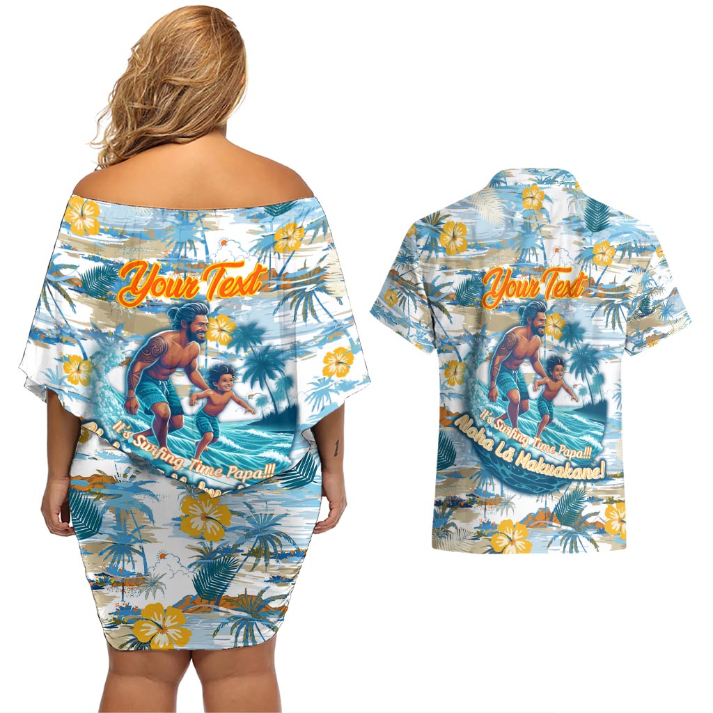 Hawaii Father's Day It's Surfing Time Couples Matching Off Shoulder Short Dress and Hawaiian Shirt Aloha Lā Makuakane