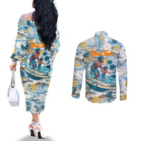Hawaii Father's Day It's Surfing Time Couples Matching Off The Shoulder Long Sleeve Dress and Long Sleeve Button Shirt Aloha Lā Makuakane