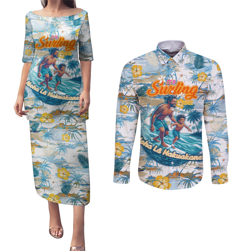 Hawaii Father's Day It's Surfing Time Couples Matching Puletasi and Long Sleeve Button Shirt Aloha L Makuakane DT02 Blue - Polynesian Pride