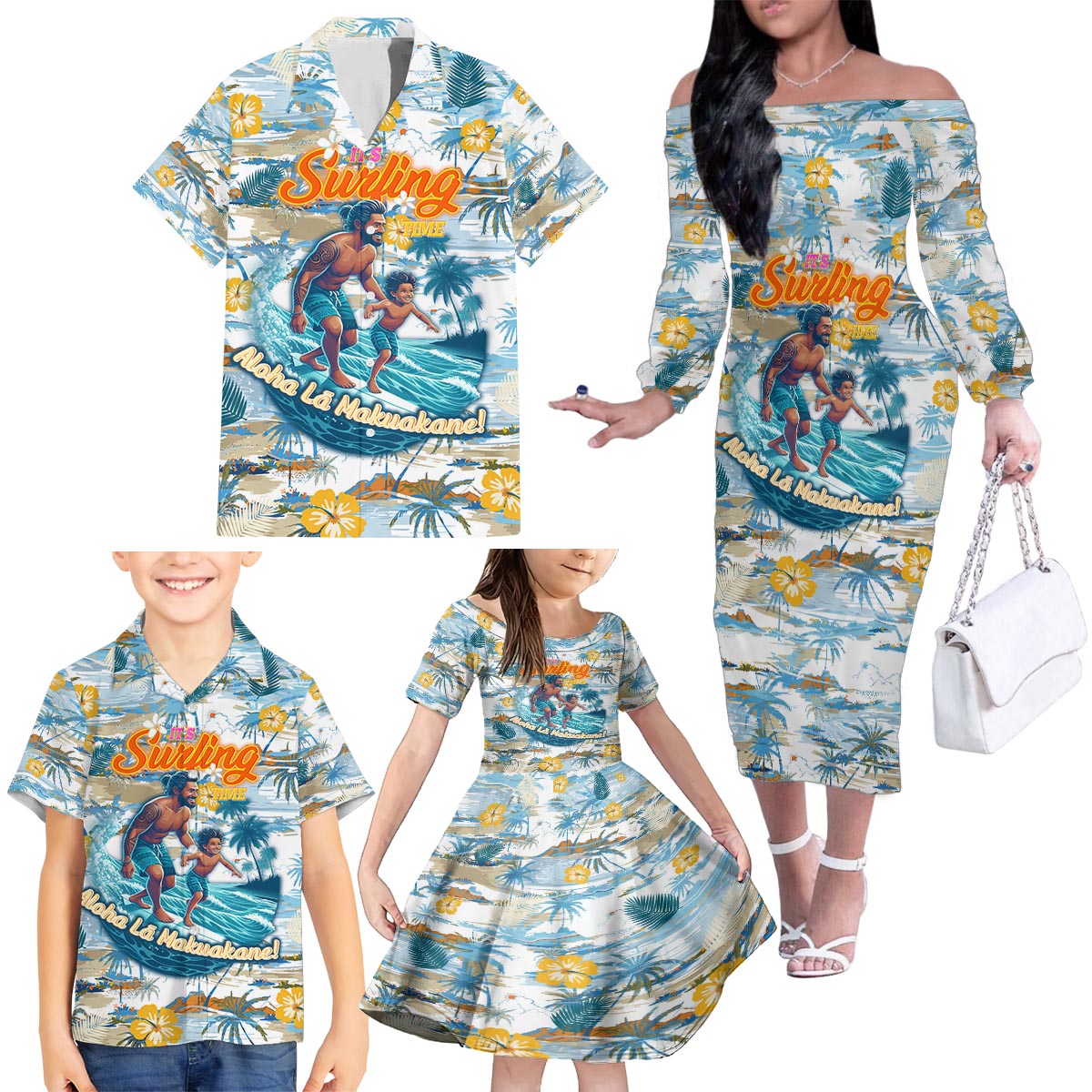 Hawaii Father's Day It's Surfing Time Family Matching Off The Shoulder Long Sleeve Dress and Hawaiian Shirt Aloha L Makuakane DT02 - Polynesian Pride
