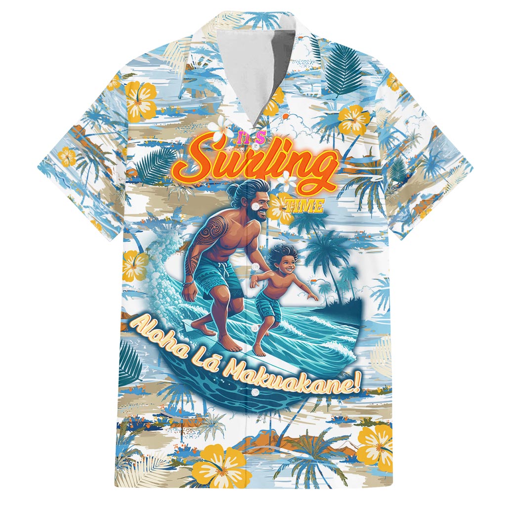 Hawaii Father's Day It's Surfing Time Family Matching Off Shoulder Short Dress and Hawaiian Shirt Aloha L Makuakane DT02 Dad's Shirt - Short Sleeve Blue - Polynesian Pride