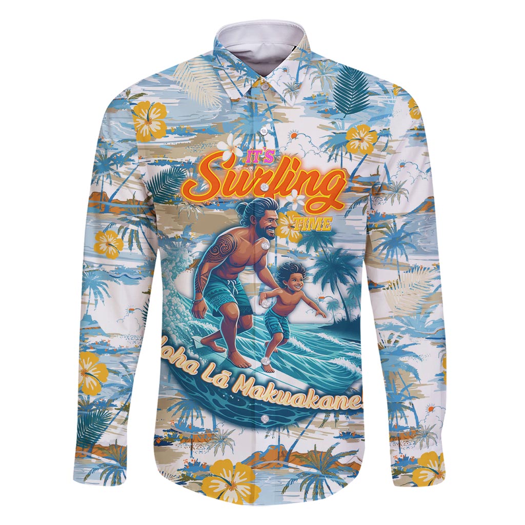 Hawaii Father's Day It's Surfing Time Family Matching Tank Maxi Dress and Hawaiian Shirt Aloha L Makuakane DT02 Dad's Shirt - Long Sleeve Blue - Polynesian Pride