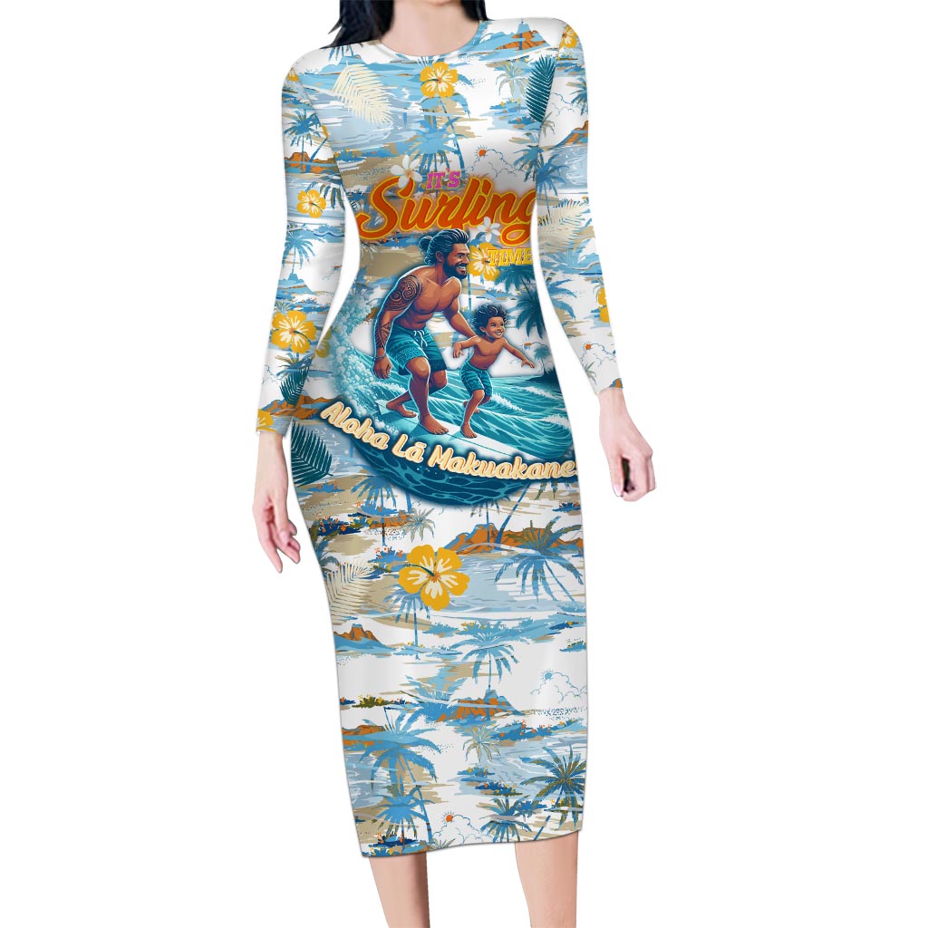 Hawaii Father's Day It's Surfing Time Long Sleeve Bodycon Dress Aloha L Makuakane DT02 Long Dress Blue - Polynesian Pride