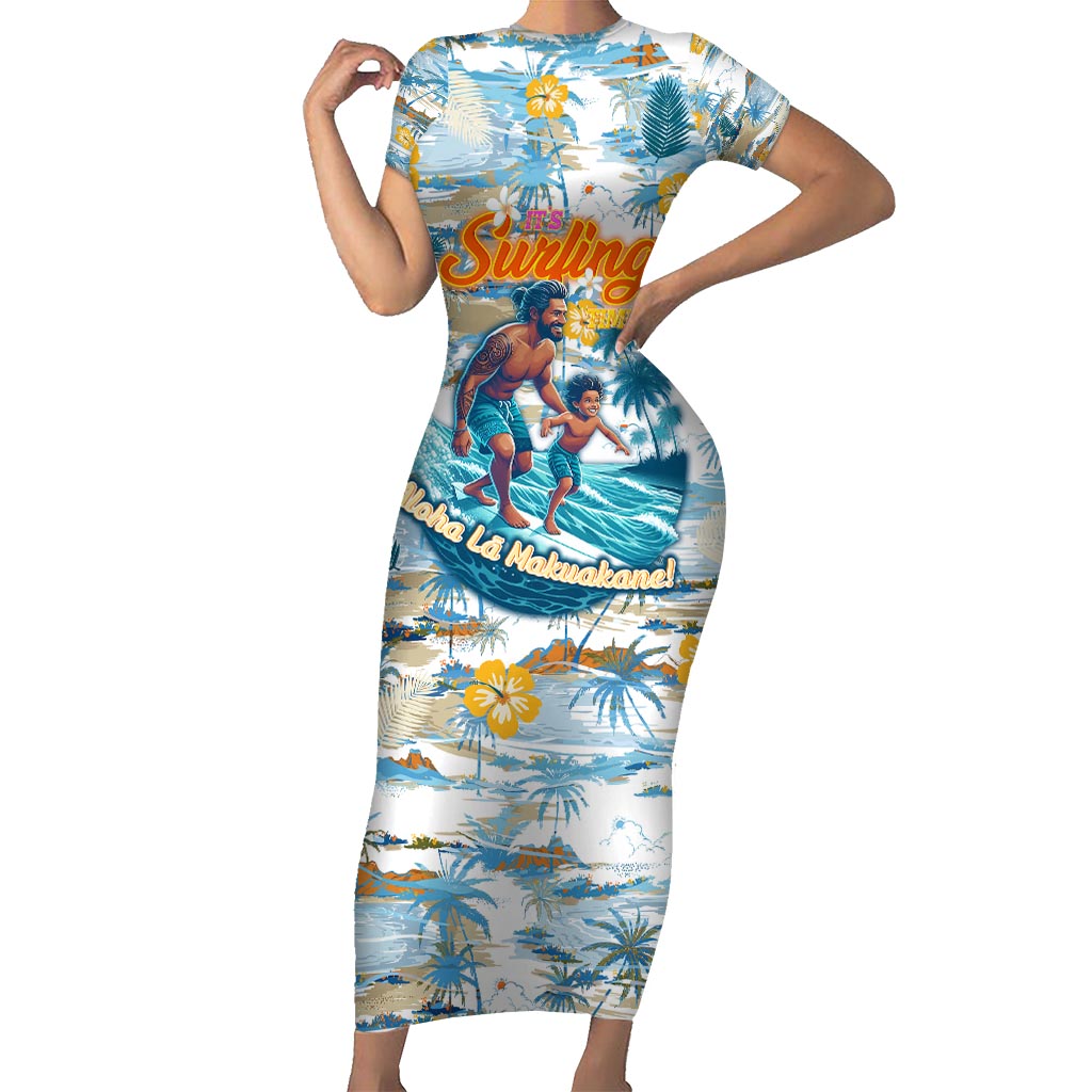 Hawaii Father's Day It's Surfing Time Short Sleeve Bodycon Dress Aloha L Makuakane DT02 Long Dress Blue - Polynesian Pride