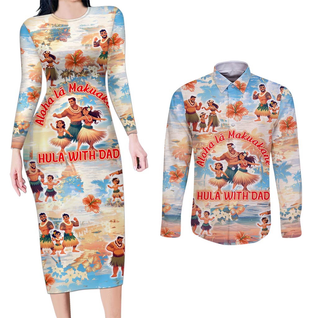 Hawaii Father's Day Couples Matching Long Sleeve Bodycon Dress and Long Sleeve Button Shirt Hula With Dad DT02 Art - Polynesian Pride