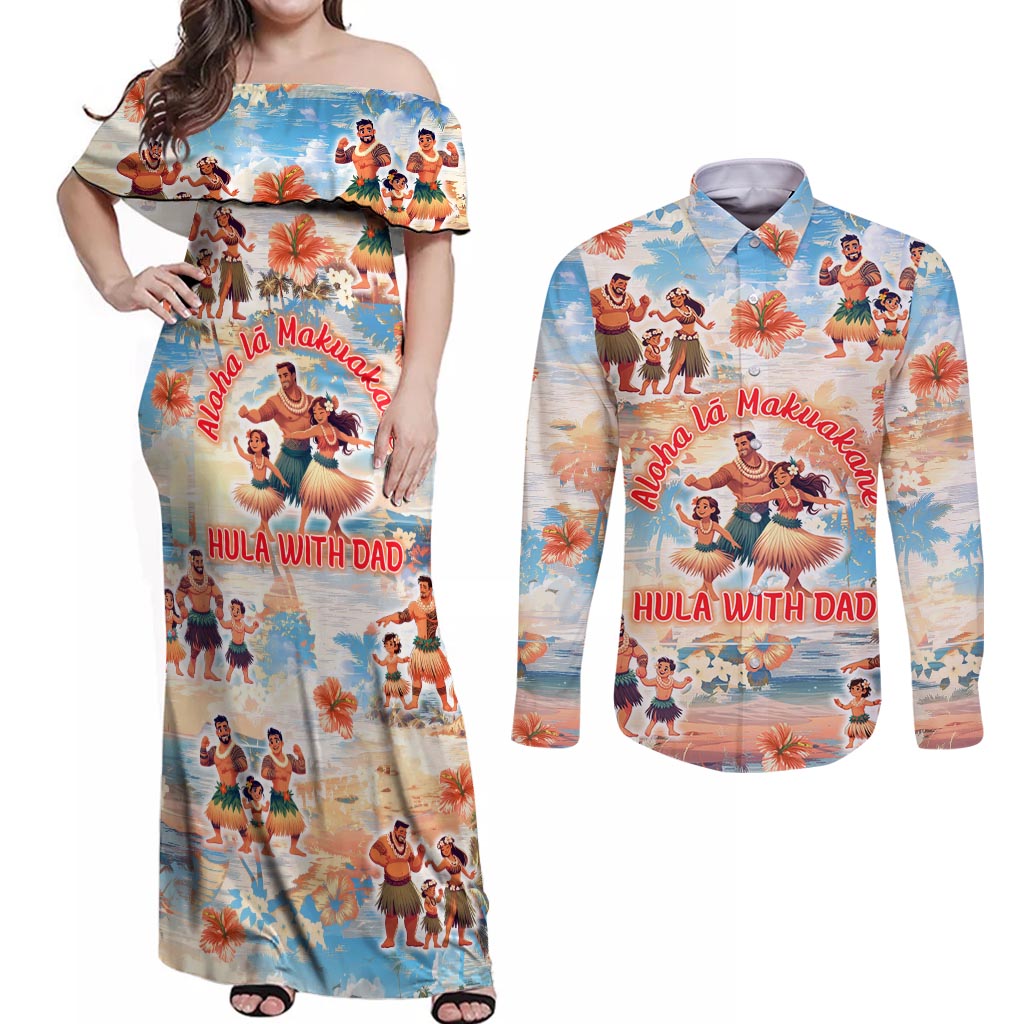 Hawaii Father's Day Couples Matching Off Shoulder Maxi Dress and Long Sleeve Button Shirt Hula With Dad DT02 Art - Polynesian Pride