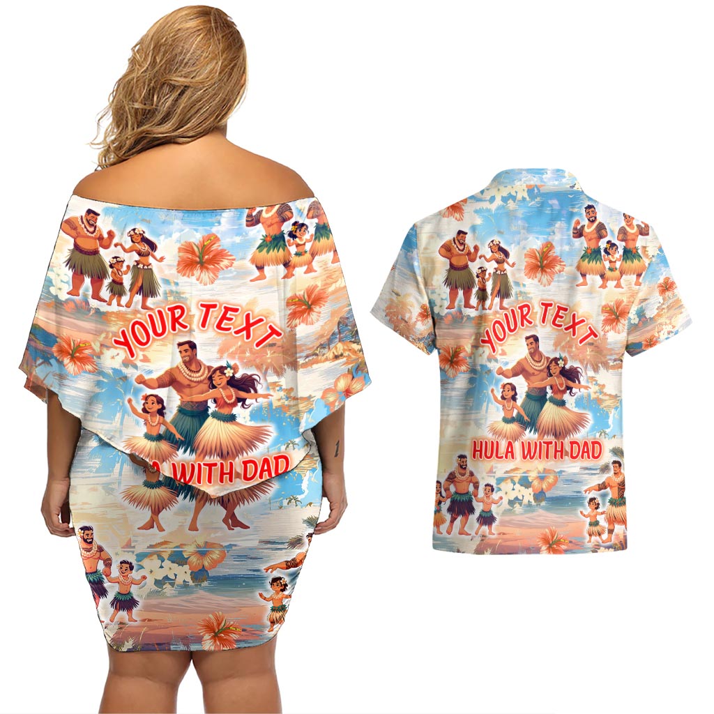 Hawaii Father's Day Couples Matching Off Shoulder Short Dress and Hawaiian Shirt Hula With Dad