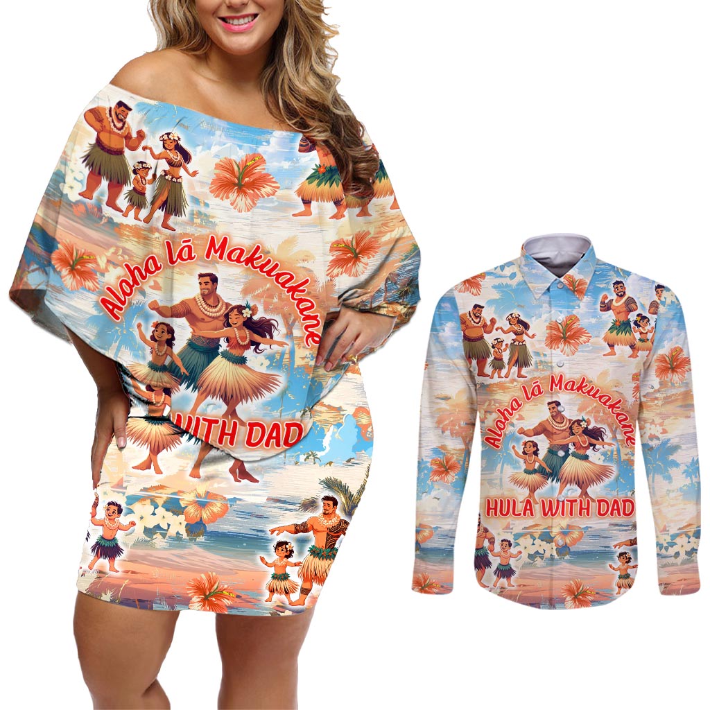Hawaii Father's Day Couples Matching Off Shoulder Short Dress and Long Sleeve Button Shirt Hula With Dad DT02 Art - Polynesian Pride