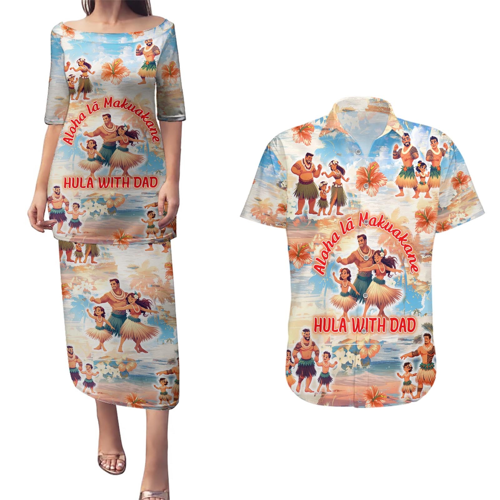 Hawaii Father's Day Couples Matching Puletasi and Hawaiian Shirt Hula With Dad DT02 Art - Polynesian Pride