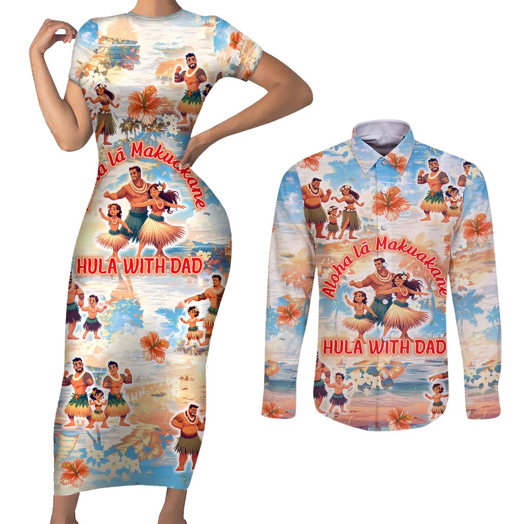 Hawaii Father's Day Couples Matching Short Sleeve Bodycon Dress and Long Sleeve Button Shirt Hula With Dad DT02 Art - Polynesian Pride