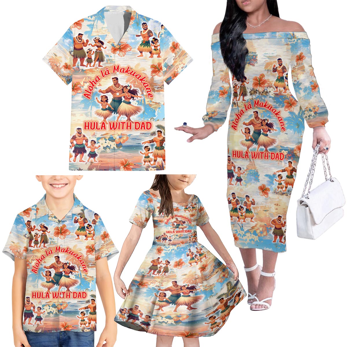 Hawaii Father's Day Family Matching Off The Shoulder Long Sleeve Dress and Hawaiian Shirt Hula With Dad DT02 - Polynesian Pride