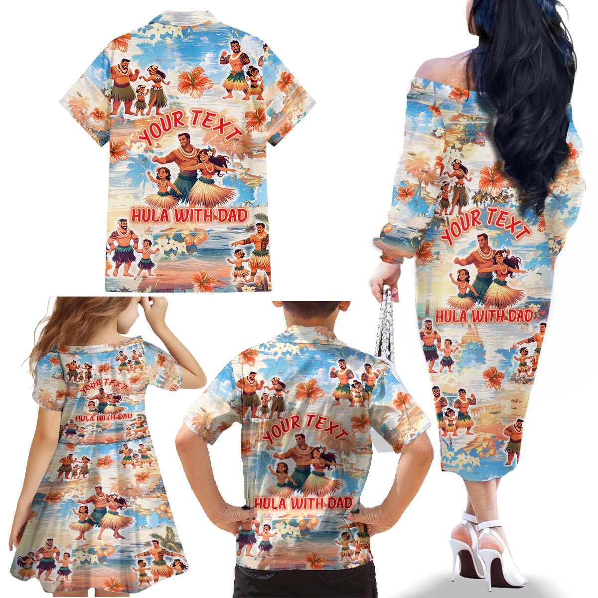Hawaii Father's Day Family Matching Off The Shoulder Long Sleeve Dress and Hawaiian Shirt Hula With Dad DT02 - Polynesian Pride