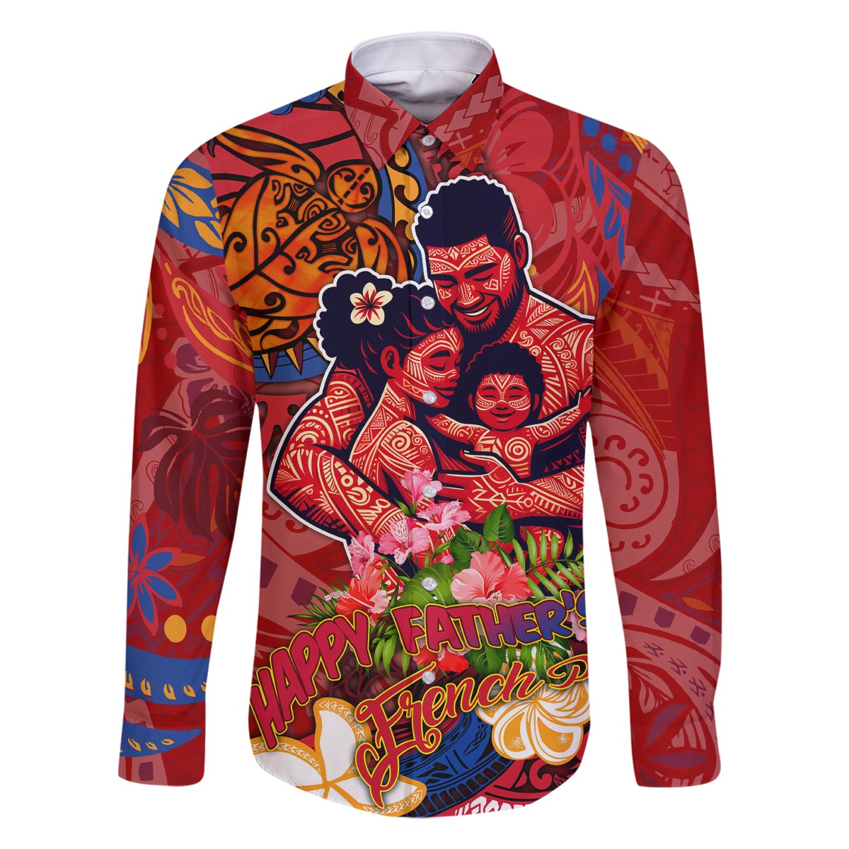 Happy Father's Day French Polynesia Family Matching Off The Shoulder Long Sleeve Dress and Hawaiian Shirt Family Turtle Hibiscus