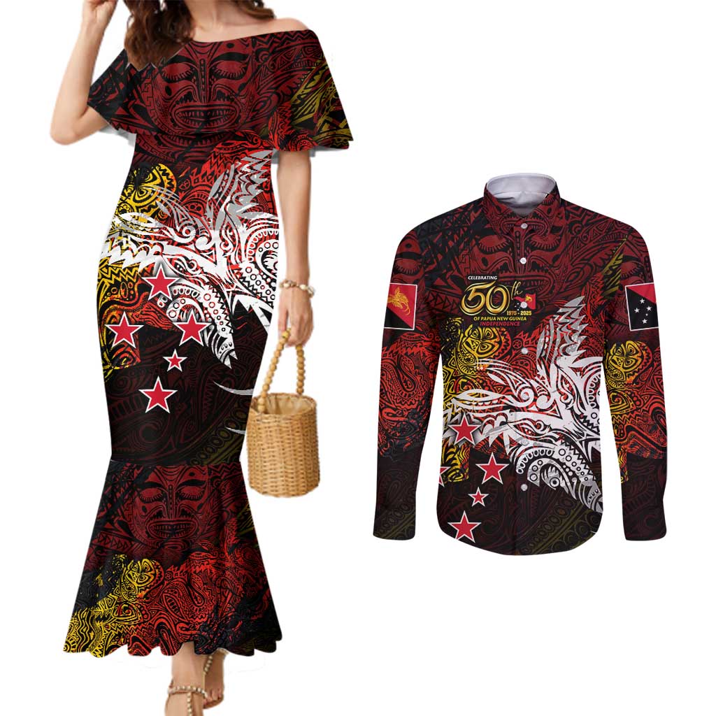 PNG 1975 - 2025 Couples Matching Mermaid Dress and Long Sleeve Button Shirt Papua New Guinea 50th Independence Anniversary