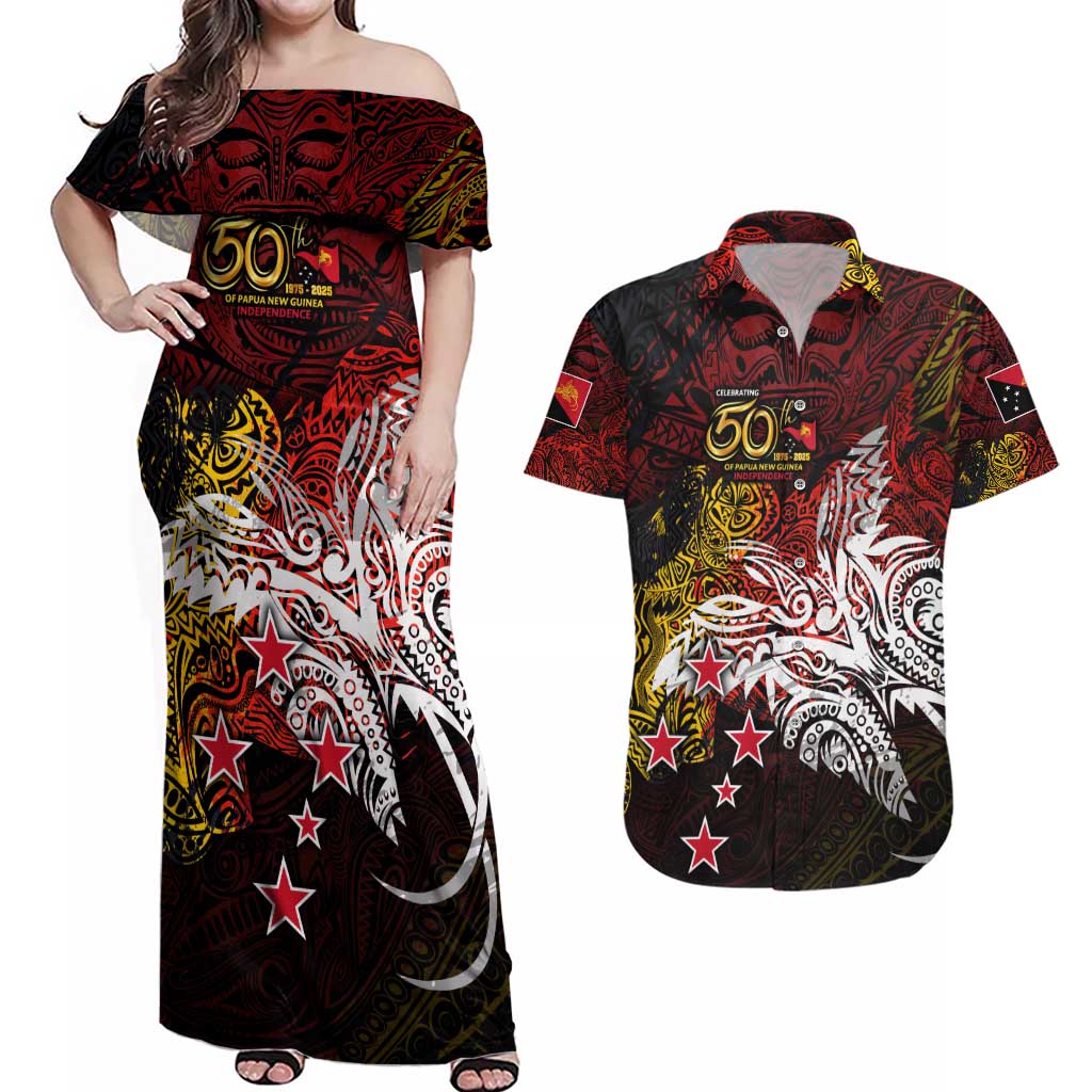 PNG 1975 - 2025 Couples Matching Off Shoulder Maxi Dress and Hawaiian Shirt Papua New Guinea 50th Independence Anniversary