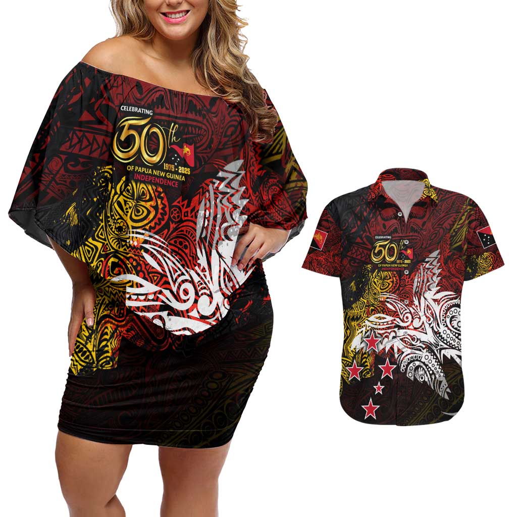 PNG 1975 - 2025 Couples Matching Off Shoulder Short Dress and Hawaiian Shirt Papua New Guinea 50th Independence Anniversary