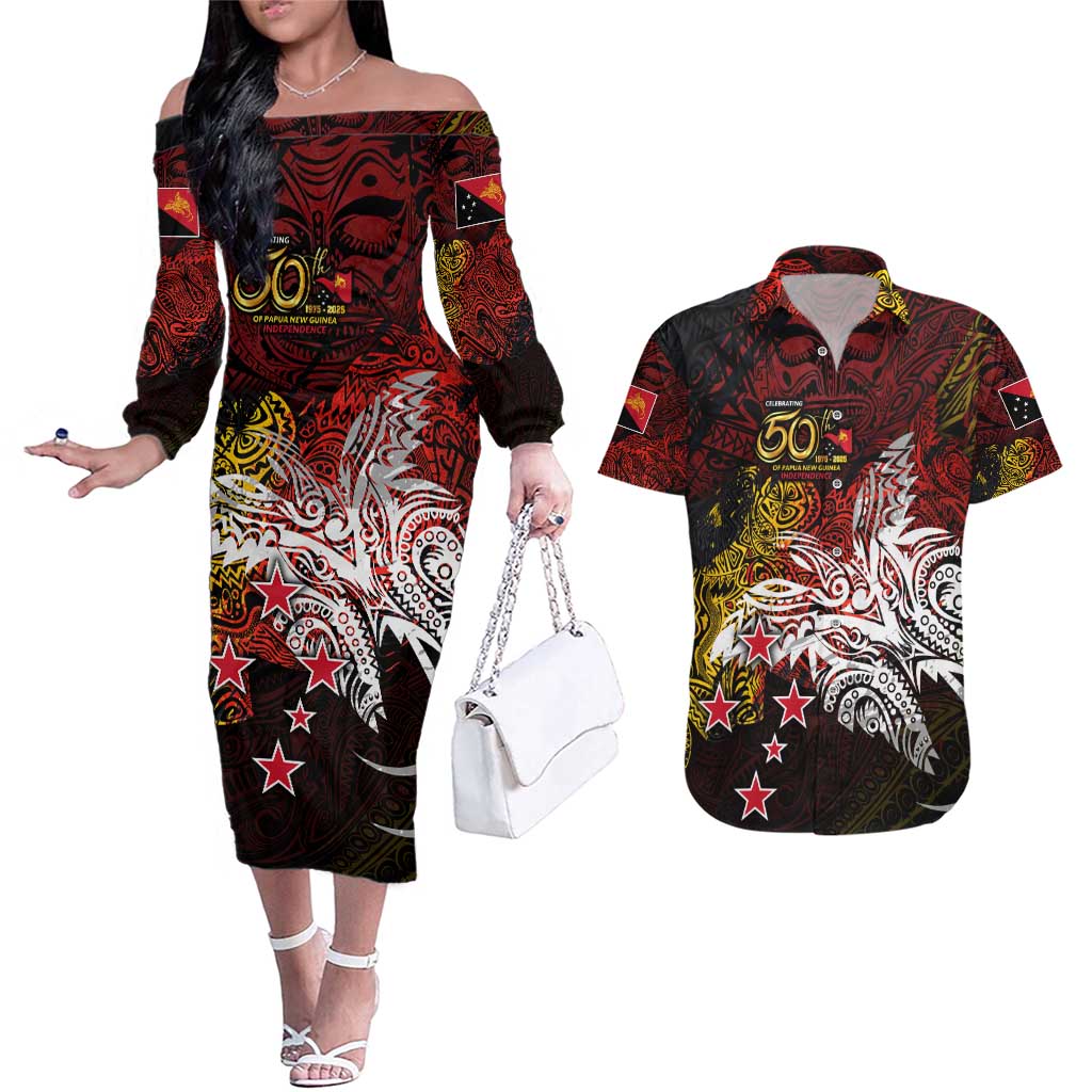 PNG 1975 - 2025 Couples Matching Off The Shoulder Long Sleeve Dress and Hawaiian Shirt Papua New Guinea 50th Independence Anniversary