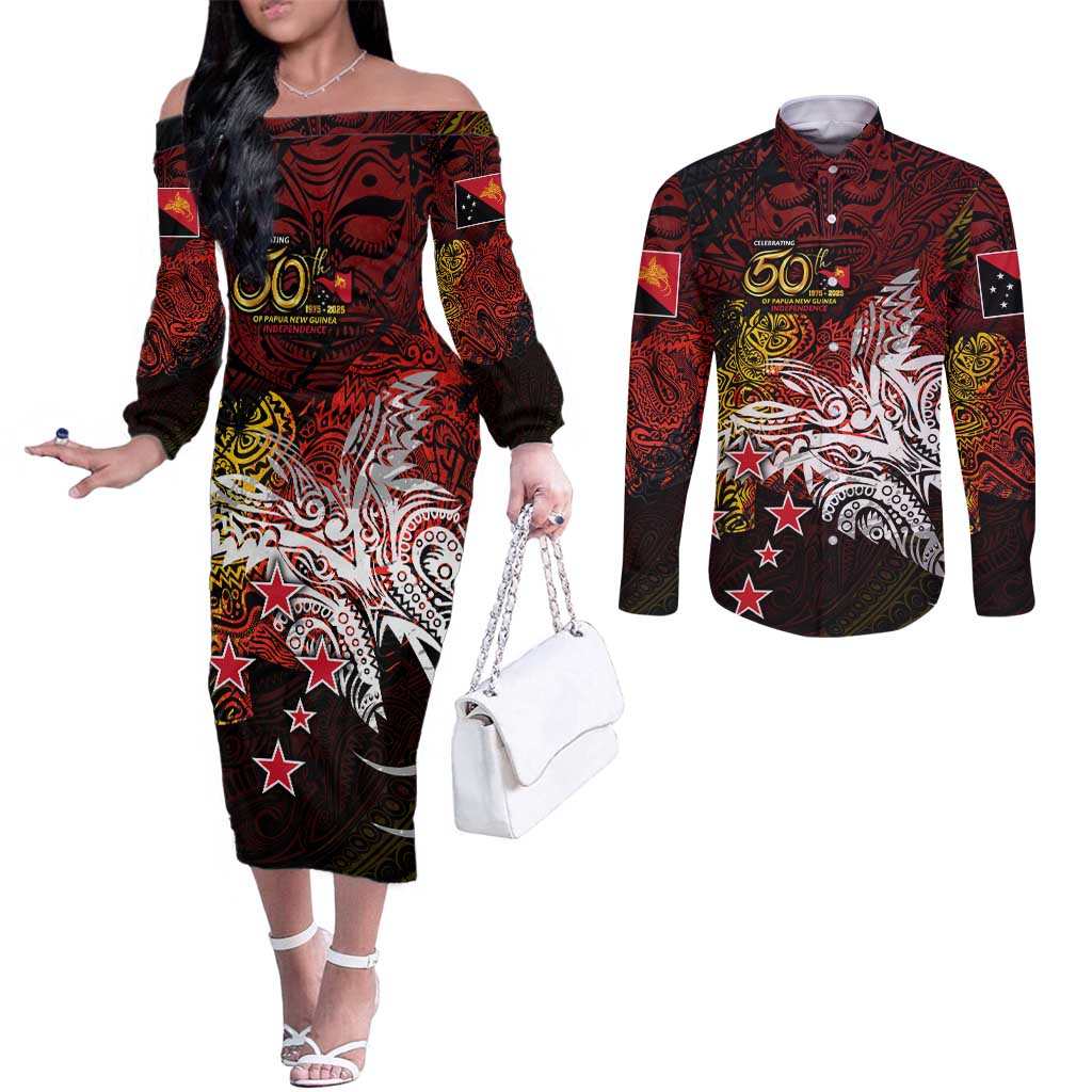 PNG 1975 - 2025 Couples Matching Off The Shoulder Long Sleeve Dress and Long Sleeve Button Shirt Papua New Guinea 50th Independence Anniversary