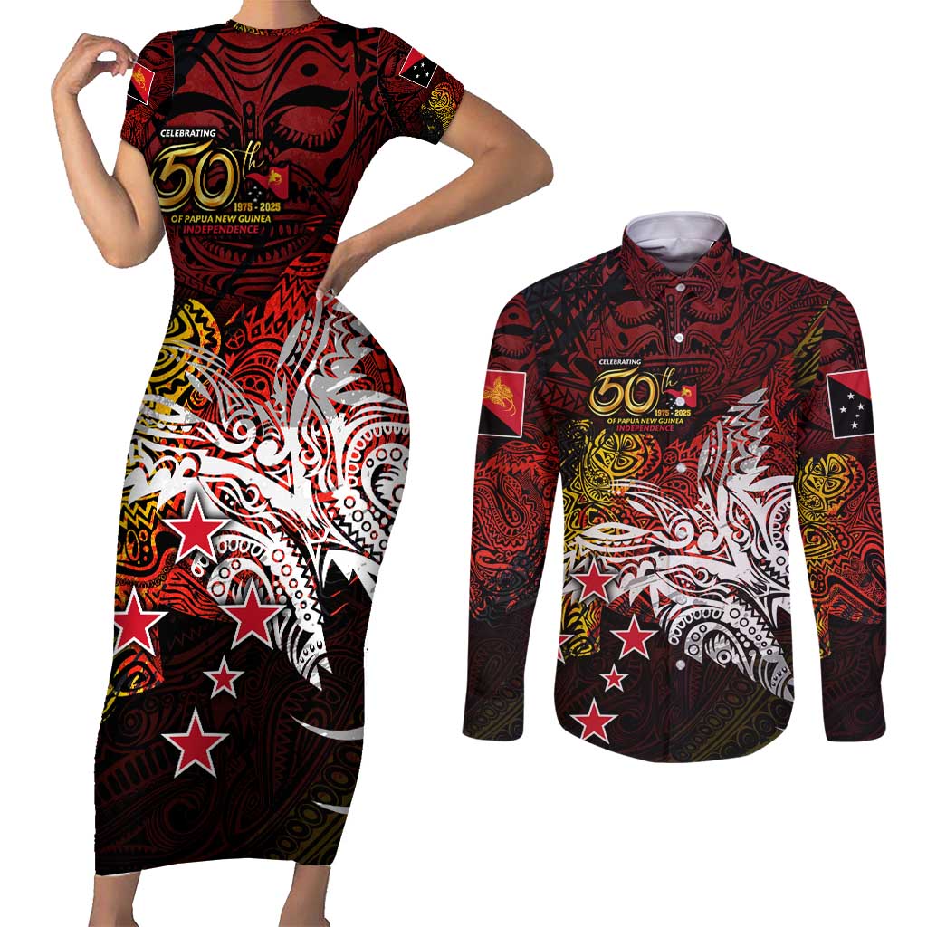 PNG 1975 - 2025 Couples Matching Short Sleeve Bodycon Dress and Long Sleeve Button Shirt Papua New Guinea 50th Independence Anniversary