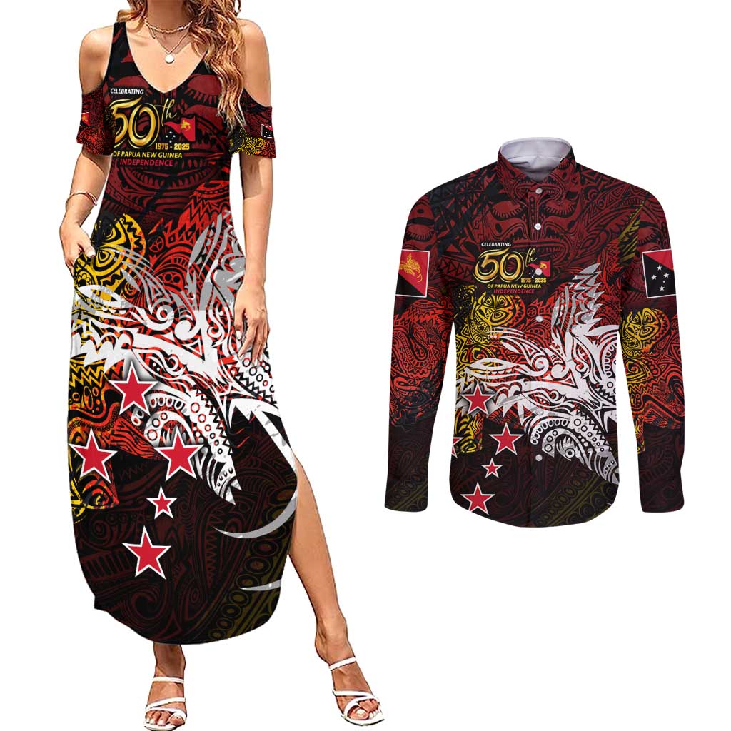 PNG 1975 - 2025 Couples Matching Summer Maxi Dress and Long Sleeve Button Shirt Papua New Guinea 50th Independence Anniversary