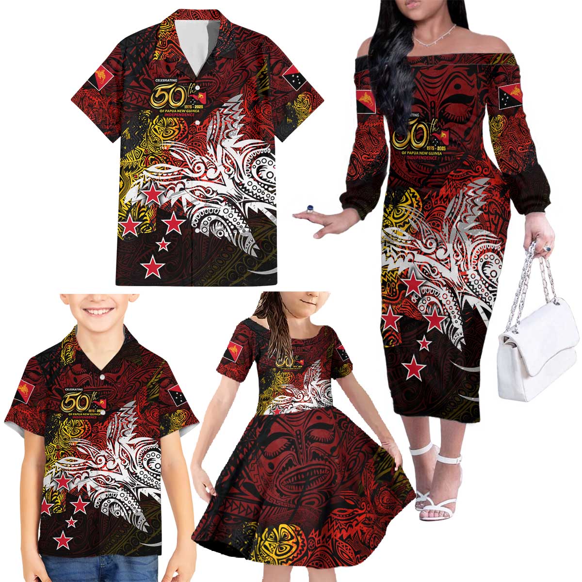 PNG 1975 - 2025 Family Matching Off The Shoulder Long Sleeve Dress and Hawaiian Shirt Papua New Guinea 50th Independence Anniversary