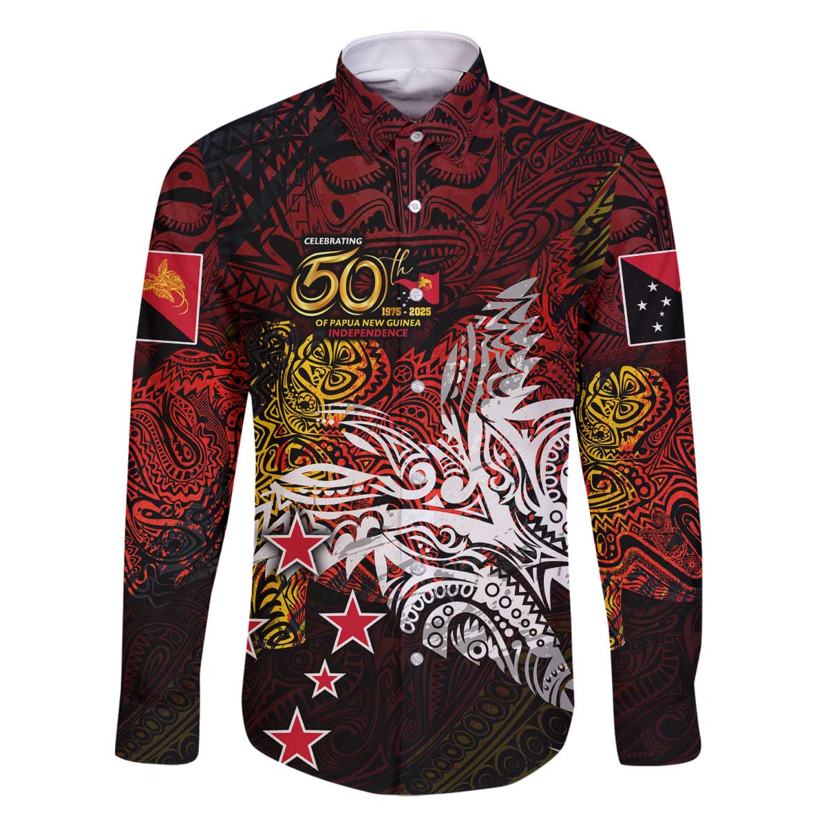 PNG 1975 - 2025 Family Matching Off The Shoulder Long Sleeve Dress and Hawaiian Shirt Papua New Guinea 50th Independence Anniversary