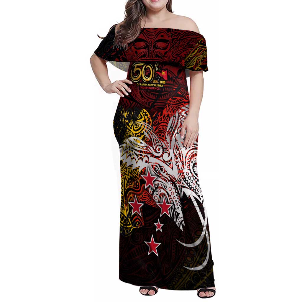 PNG 1975 - 2025 Family Matching Off Shoulder Maxi Dress and Hawaiian Shirt Papua New Guinea 50th Independence Anniversary