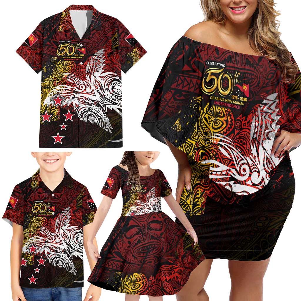 PNG 1975 - 2025 Family Matching Off Shoulder Short Dress and Hawaiian Shirt Papua New Guinea 50th Independence Anniversary