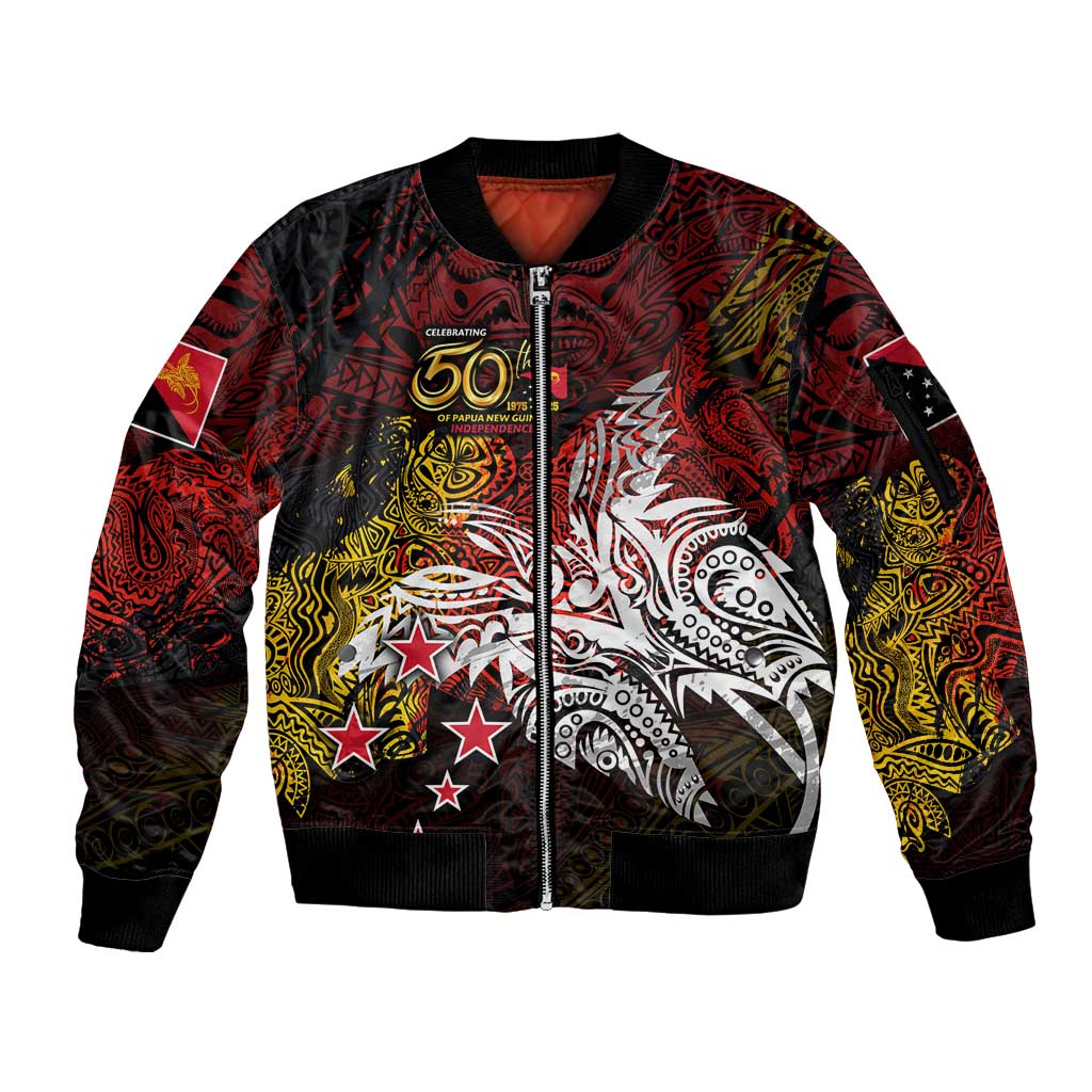 PNG 1975 - 2025 Sleeve Zip Bomber Jacket Papua New Guinea 50th Independence Anniversary DT02 Unisex Art - Polynesian Pride